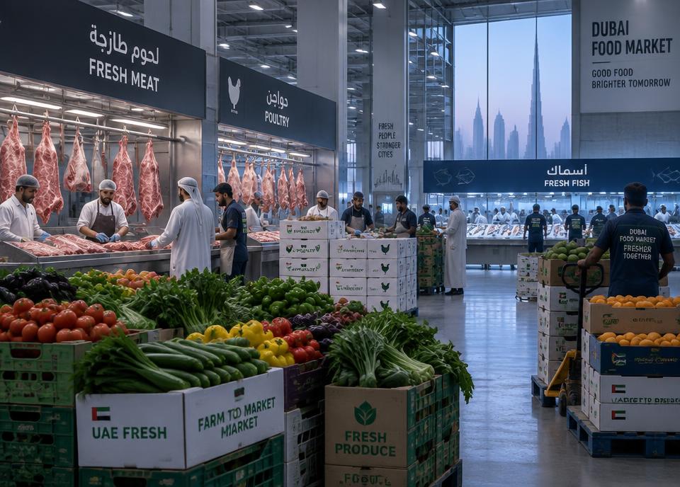 Dawn light over crates at Dubai's Waterfront Market